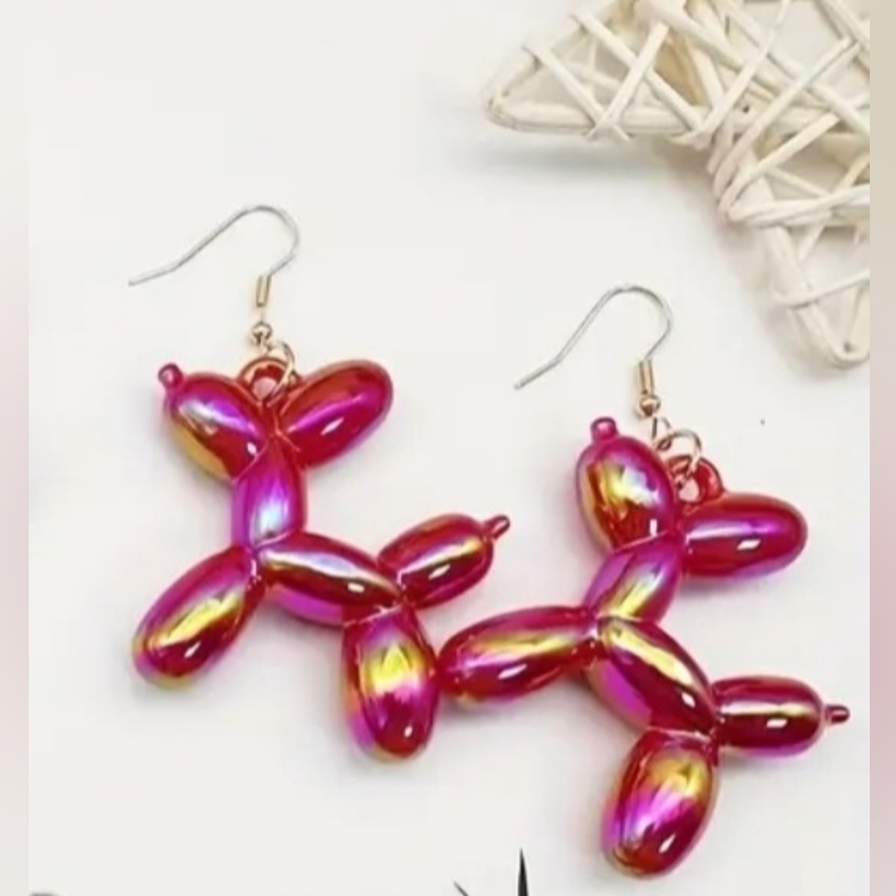 Pink Shiny Balloon Dog Earrings